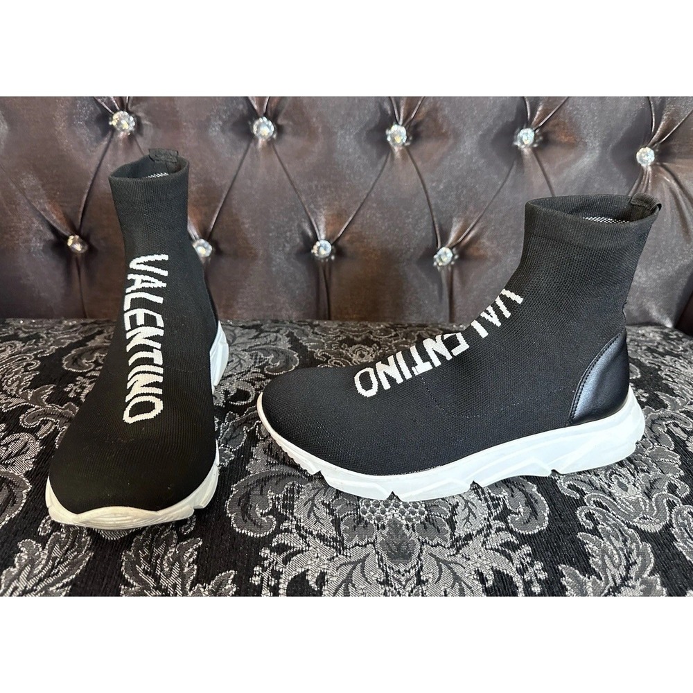 Valentino Shoes Womens 9.5 Black White Sock Sneaker Knit Slip On Logo High Top